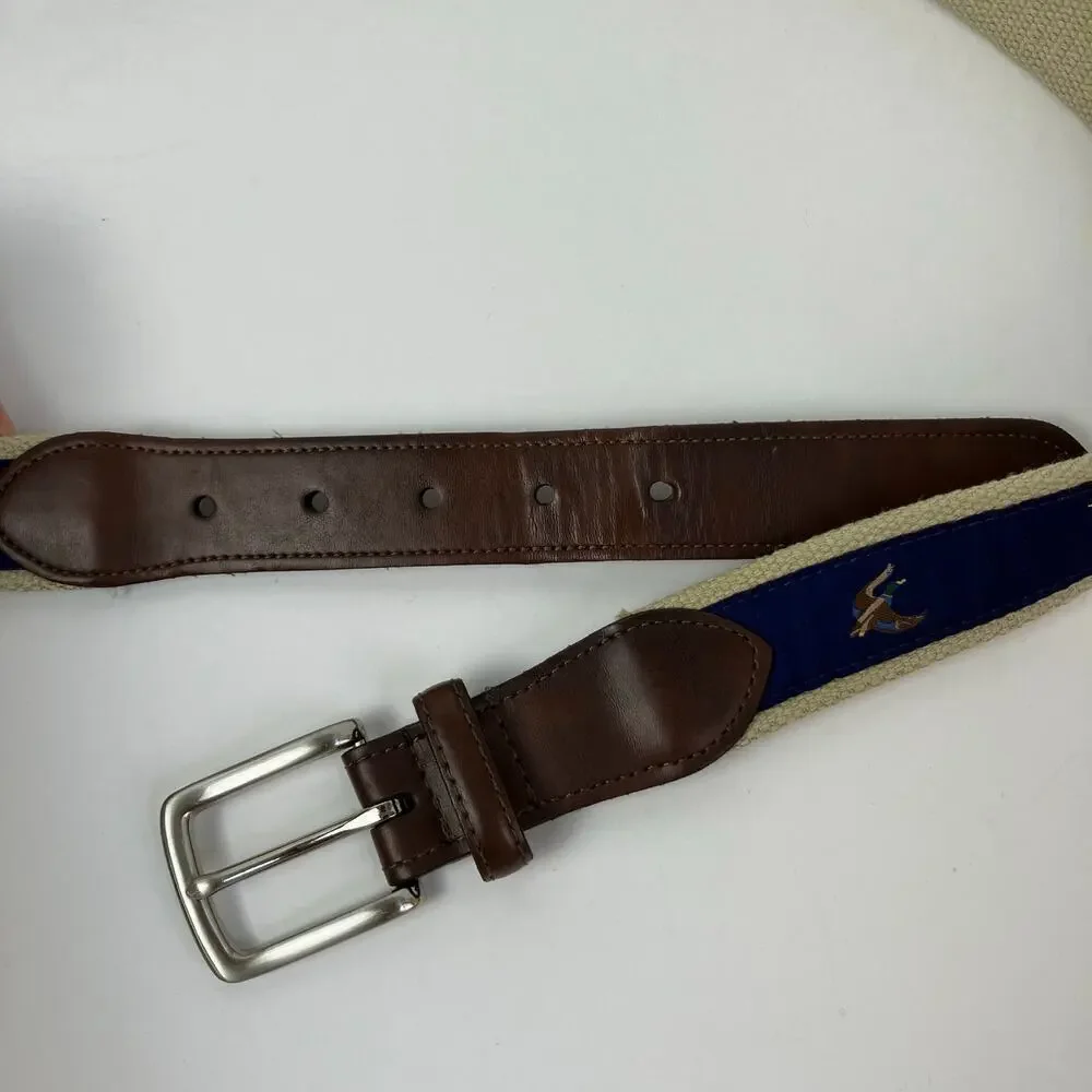 KEH Mens Sz M / 36 Vintage Leather Canvas Belt w Mallard Duck Design Brown Blue